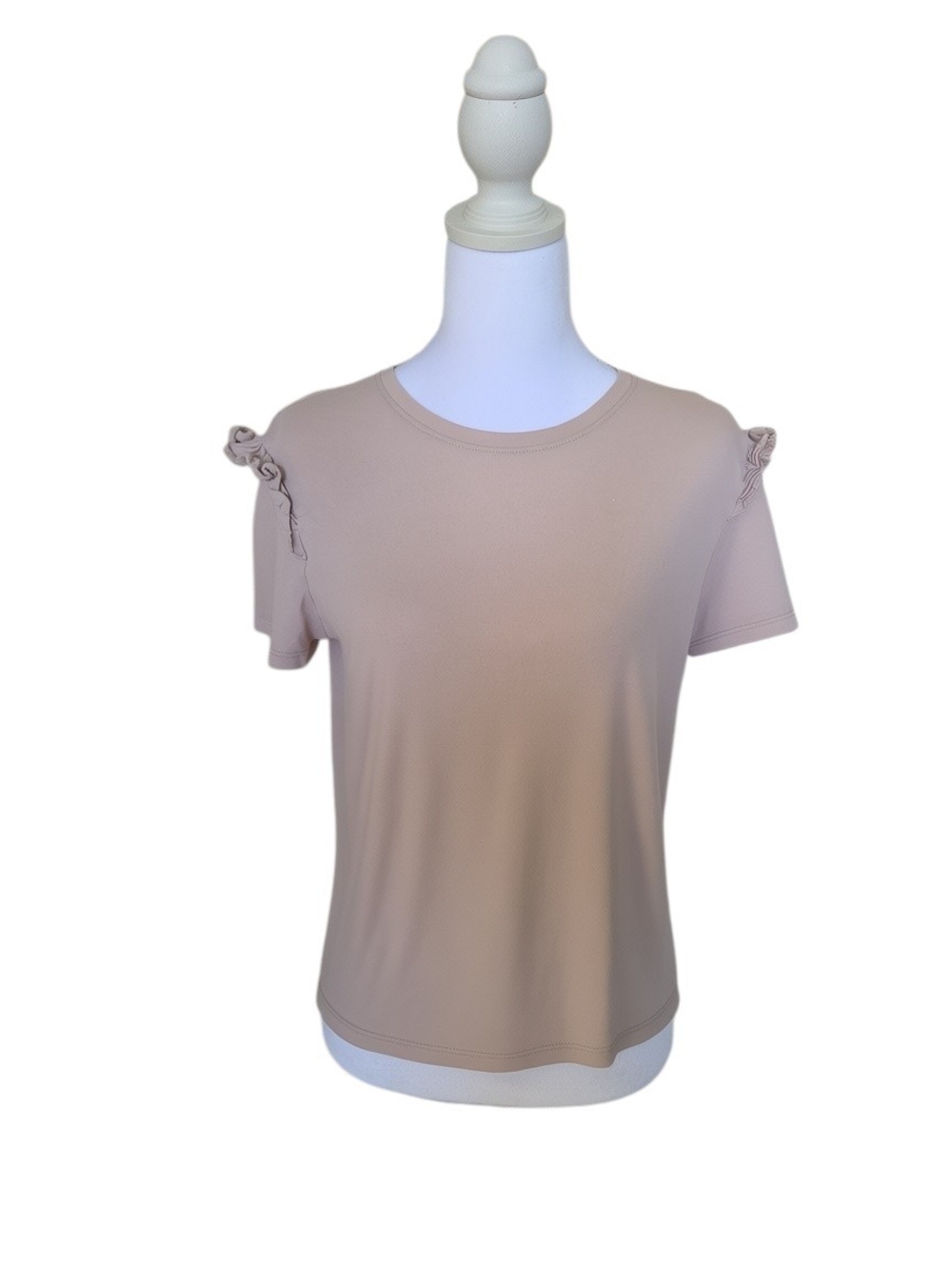 Zara Beige Short Sleeve Tee with Ruffle Shoulders